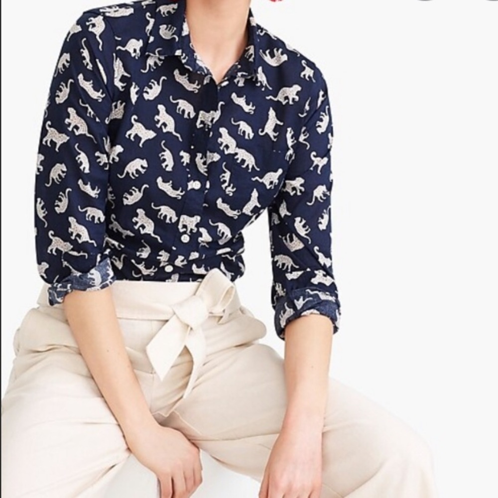 J. Crew Navy Blue Cheetah Button Down Shirt Small